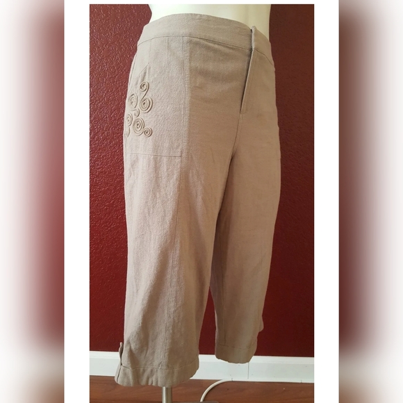 Soft Surroundings Soutache Cropped Capri Cuffed Gauze Pants Tan Size PL New - Picture 3 of 6